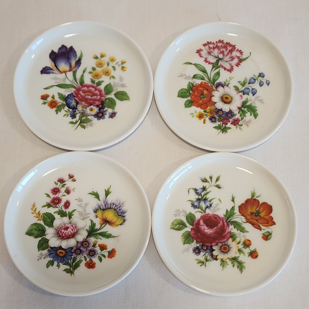 Vintage Furstenberg West Germany Floral Porcelain Coasters Dupping Plates Set 4
